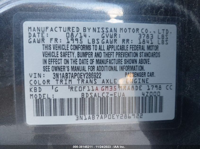 2014 NISSAN SENTRA S/SV/SR/SL - 3N1AB7APOEY286922