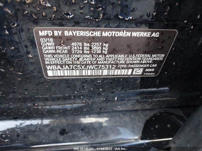 2018 BMW 530I XDRIVE WBAJA7C5XJWC75312