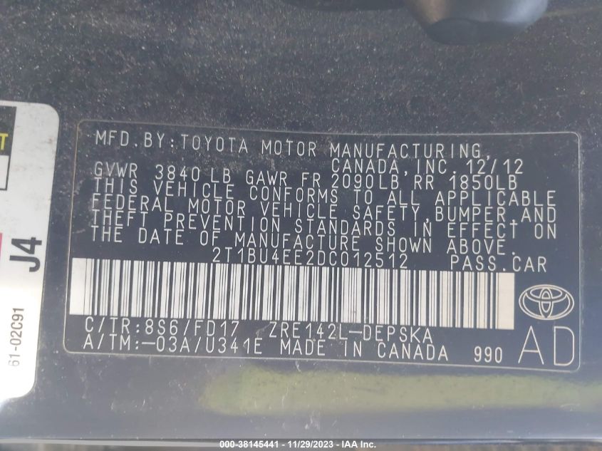 2013 TOYOTA COROLLA S/LE - 2T1BU4EE2DC012512
