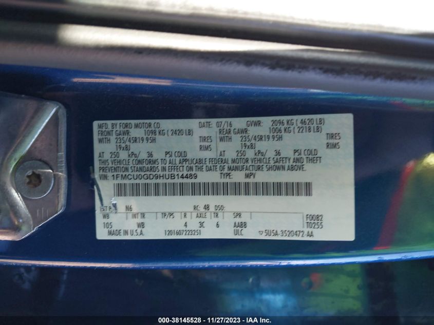 2017 FORD ESCAPE SE - 1FMCU0GD9HUB14489