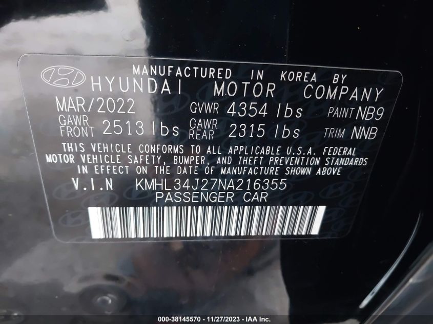 2022 HYUNDAI SONATA LIMITED - KMHL34J27NA216355