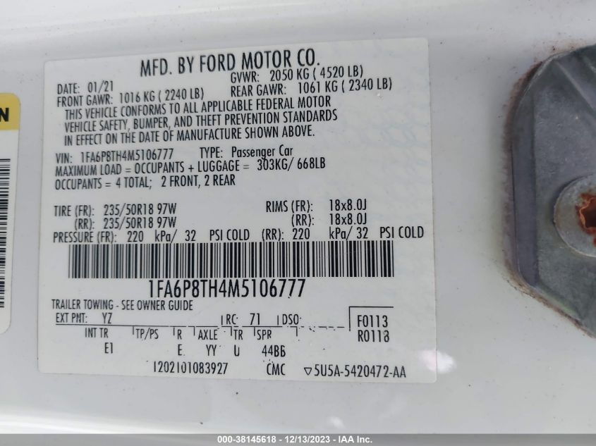 2021 FORD MUSTANG - 1FA6P8TH4M5106777