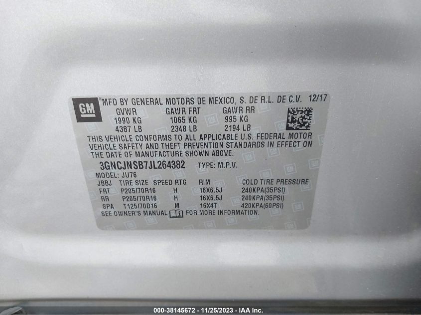 2018 CHEVROLET TRAX LS - 3GNCJNSB7JL264382