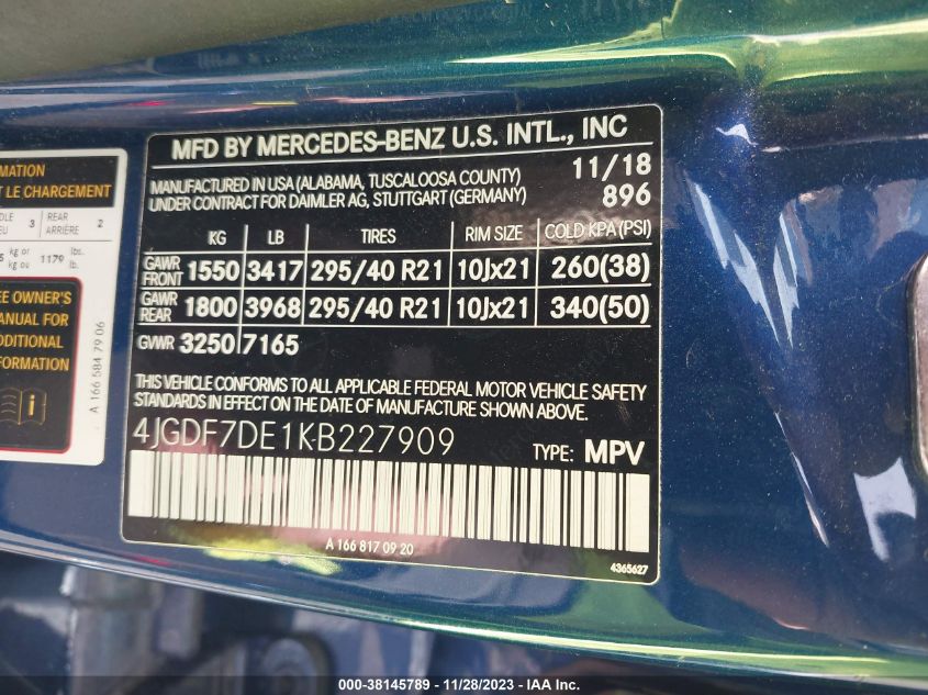 2019 MERCEDES-BENZ GLS 550 4JGDF7DE1KB227909
