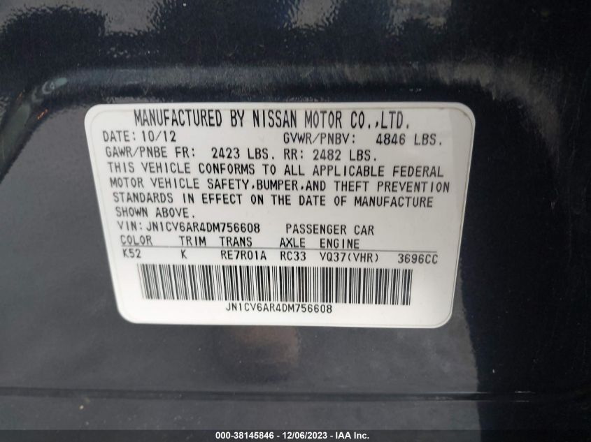2013 INFINITI G37X X - JN1CV6AR4DM756608