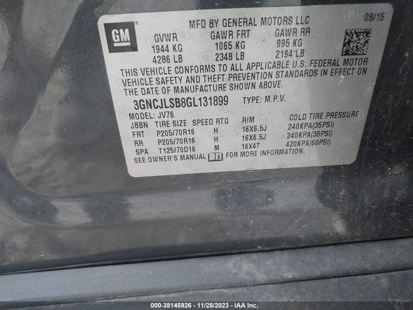 2016 CHEVROLET TRAX LT - 3GNCJLSB8GL131899