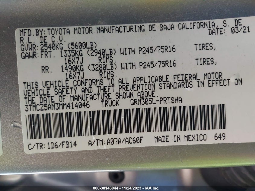 VIN 3TMCZ5AN3MM414046 2021 TOYOTA TACOMA DOUBLE CAB/SR/SR5/TRD SPO