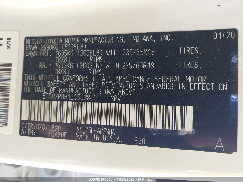2020 TOYOTA HIGHLANDER XLE - 5TDHZRBH1LS503800