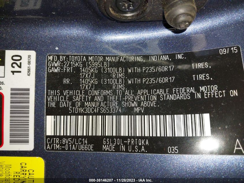 2015 TOYOTA SIENNA XLE PREMIUM 8 PASSENGER - 5TDYK3DC4FS653374