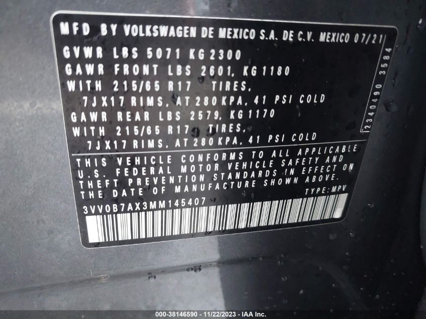 2021 VOLKSWAGEN TIGUAN S - 3VV0B7AX3MM145407