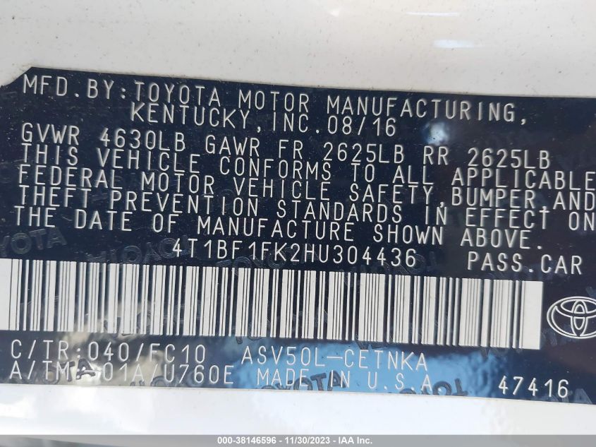 2017 TOYOTA CAMRY LE/XLE/SE/XSE - 4T1BF1FK2HU304436