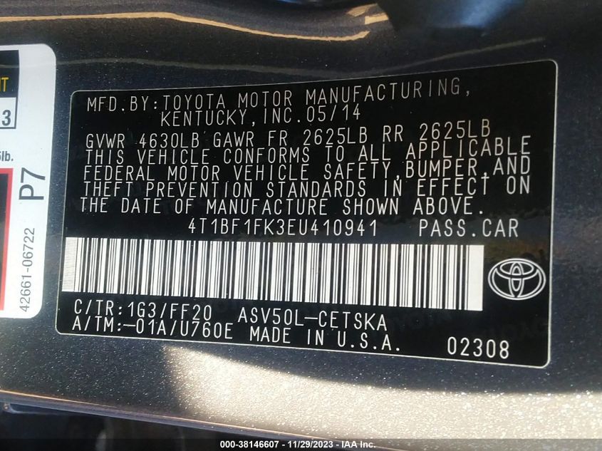 2014 TOYOTA CAMRY L/SE/LE/XLE - 4T1BF1FK3EU410941