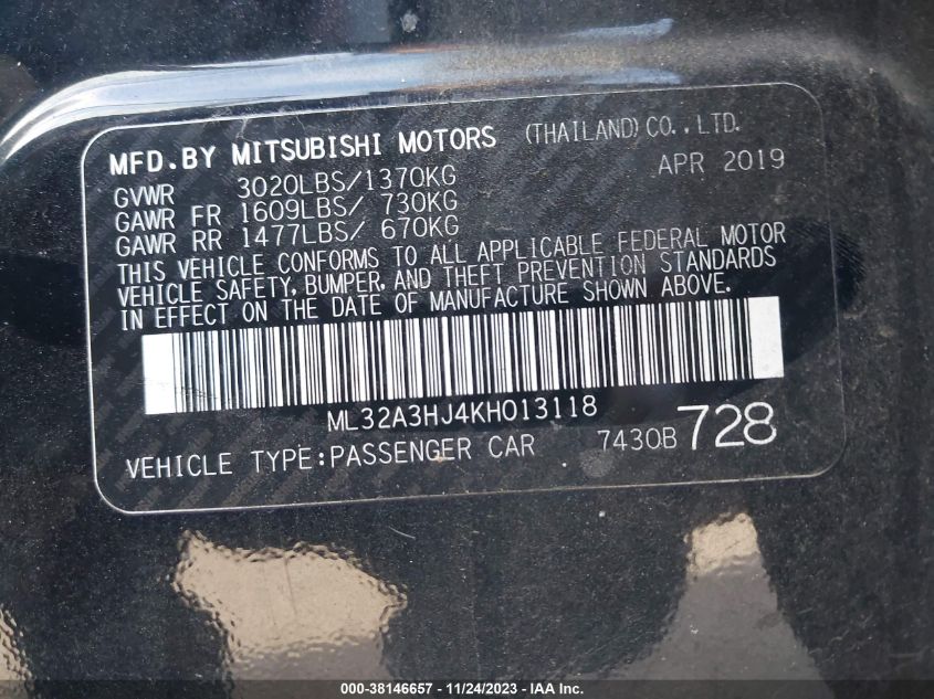 2019 MITSUBISHI MIRAGE ES/RF - ML32A3HJ4KH013118