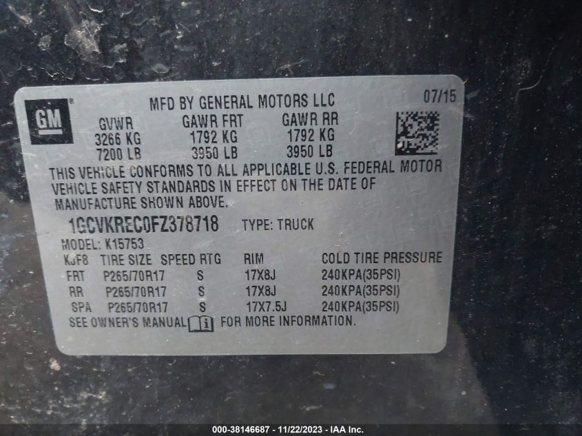 2015 CHEVROLET SILVERADO 1500 1LT - 1GCVKREC0FZ378718
