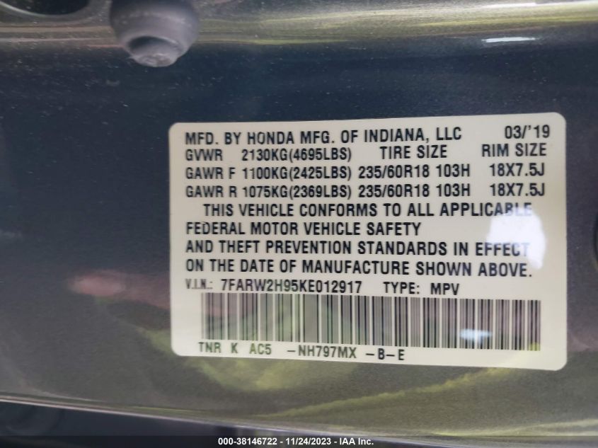 2019 HONDA CR-V TOURING - 7FARW2H95KE012917