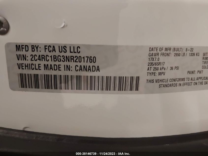 VIN 2C4RC1BG3NR201760 2022 CHRYSLER PACIFICA TOURING L