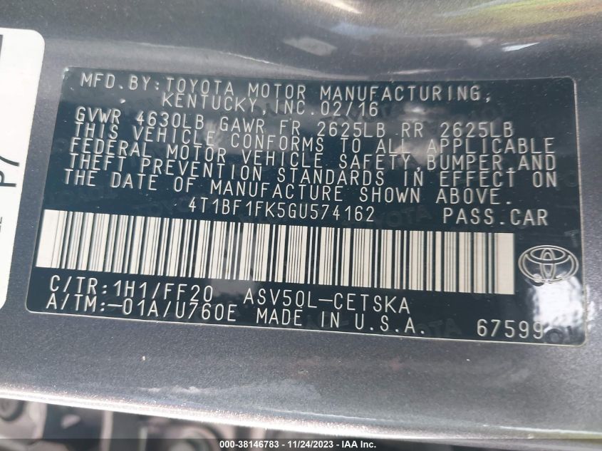 2016 TOYOTA CAMRY LE/XLE/SE/XSE - 4T1BF1FK5GU574162