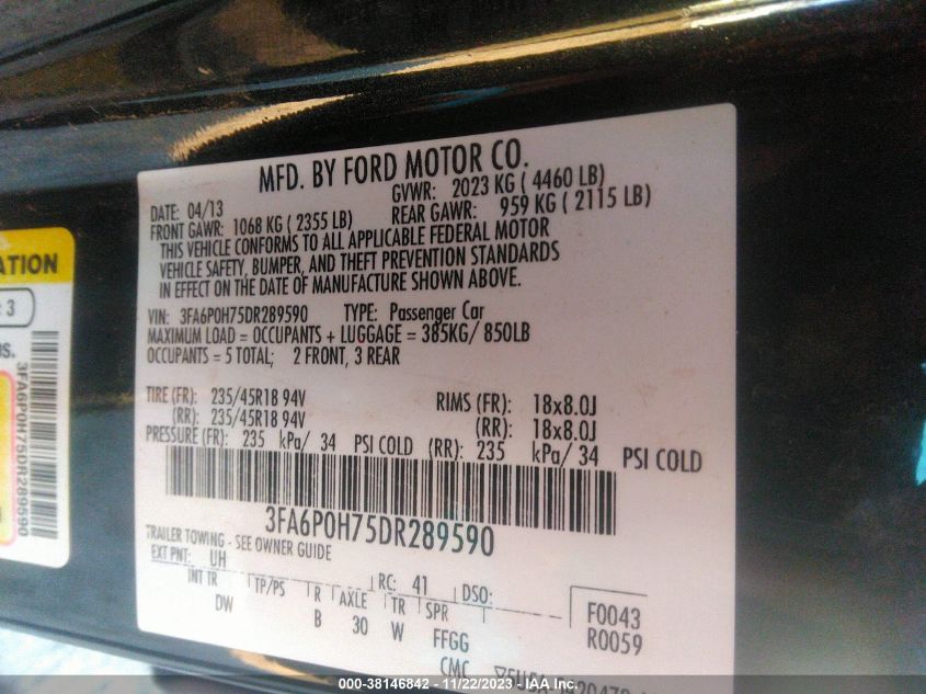 2013 FORD FUSION SE - 3FA6P0H75DR289590