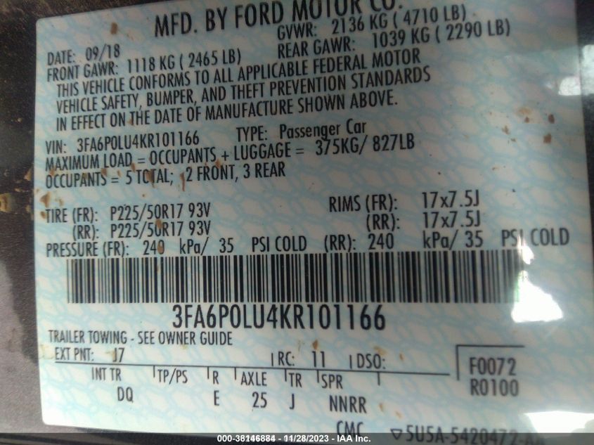 2019 FORD FUSION HYBRID SE - 3FA6P0LU4KR101166