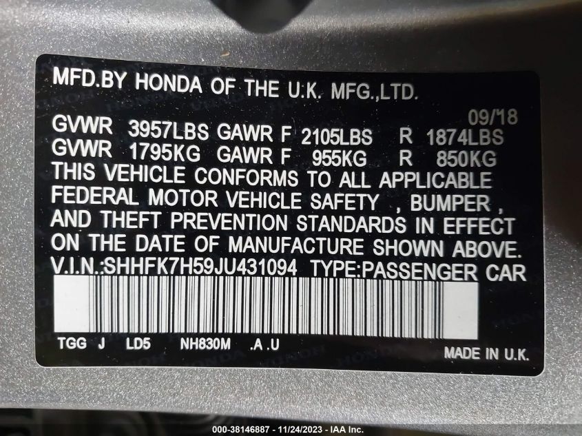 2018 HONDA CIVIC EX - SHHFK7H59JU431094