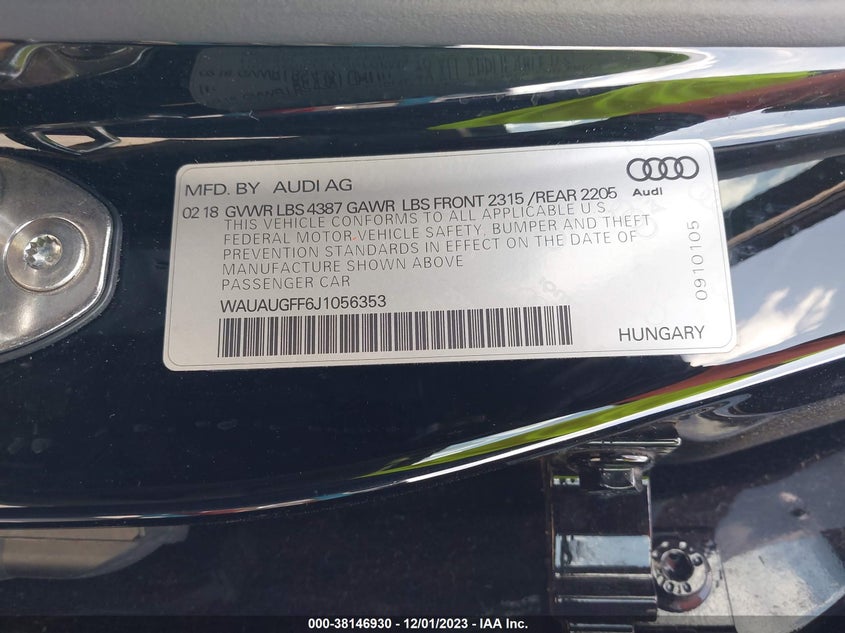 VIN WAUAUGFF6J1056353 2018 AUDI A3 PREMIUM