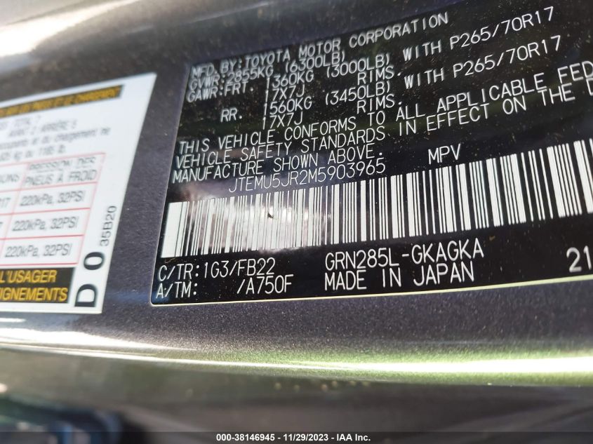2021 TOYOTA 4RUNNER SR5/SR5 PREMIUM/VENTURE/T - JTEMU5JR2M5903965