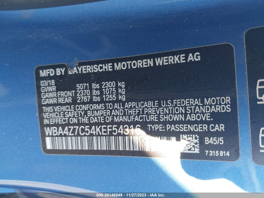 2019 BMW 440I XDRIVE WBA4Z7C54KEF54316