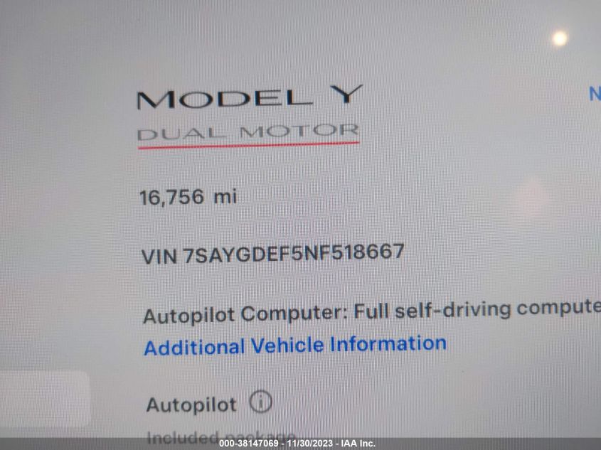 2022 TESLA MODEL Y PERFORMANCE DUAL MOTOR - 7SAYGDEF5NF518667
