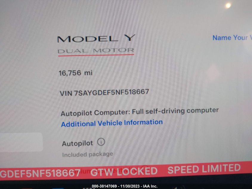 2022 TESLA MODEL Y PERFORMANCE DUAL MOTOR - 7SAYGDEF5NF518667