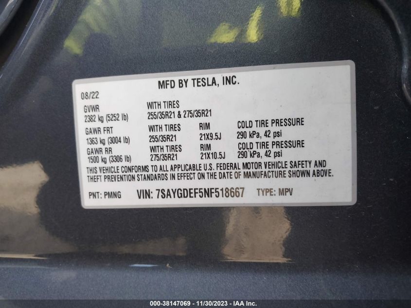 2022 TESLA MODEL Y PERFORMANCE DUAL MOTOR - 7SAYGDEF5NF518667