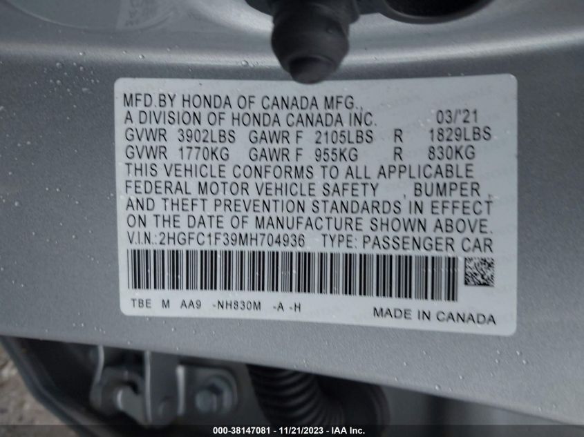 2HGFC1F39MH704936 Honda Civic Sedan EX 9