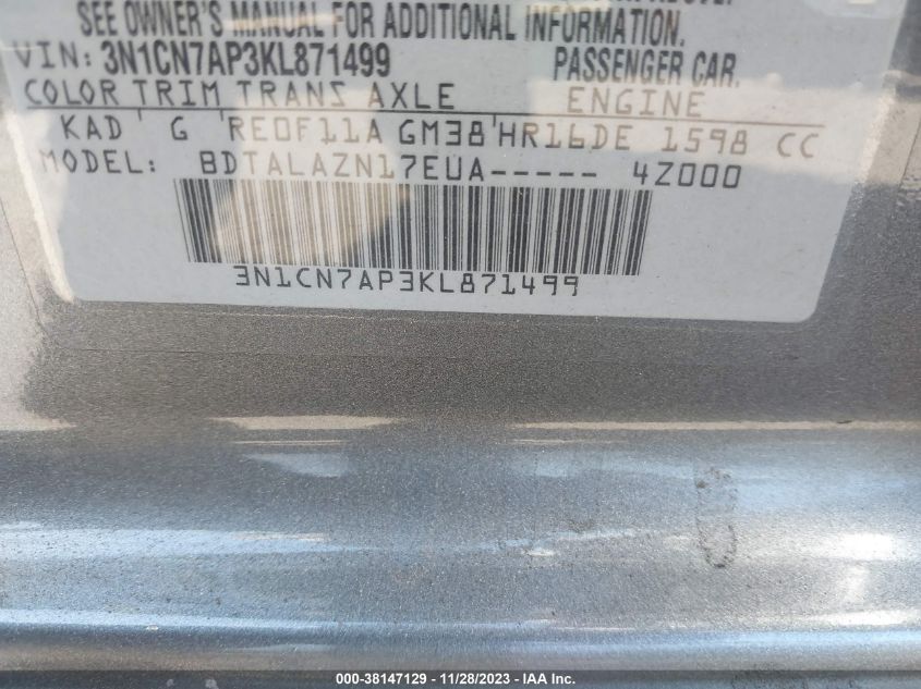 2019 NISSAN VERSA 1.6 S+ - 3N1CN7AP3KL871499