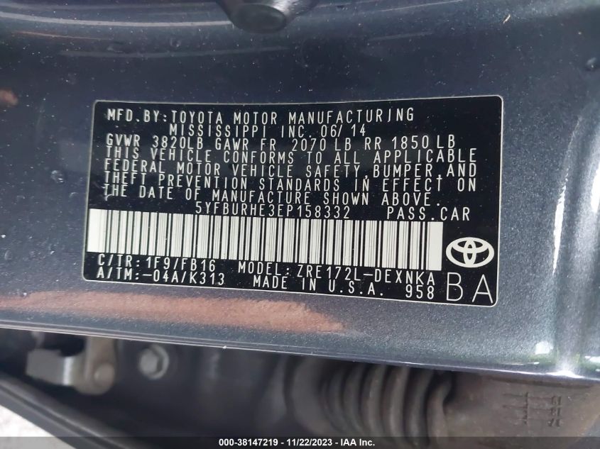 2014 TOYOTA COROLLA L/LE/LE PLS/PRM/S/S PLS - 5YFBURHE3EP158332