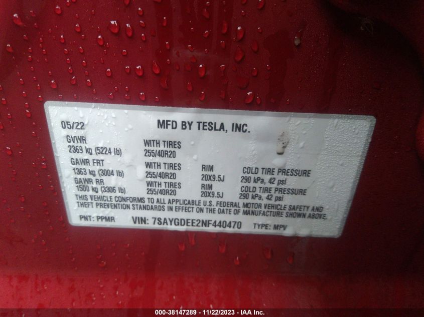 2022 TESLA MODEL Y - 7SAYGDEE2NF440470