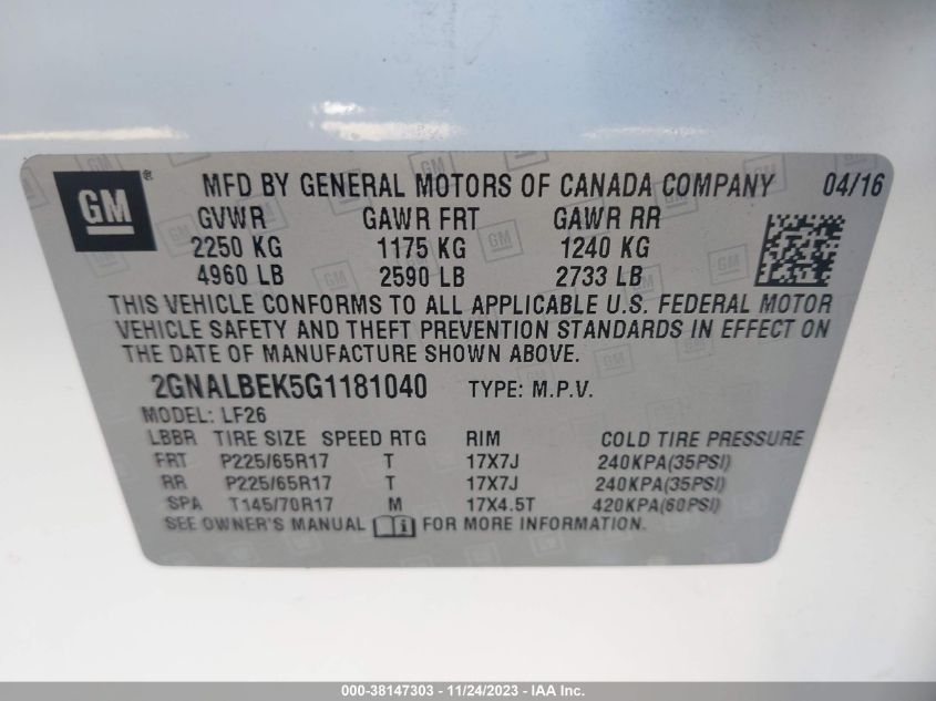2016 CHEVROLET EQUINOX LS - 2GNALBEK5G1181040