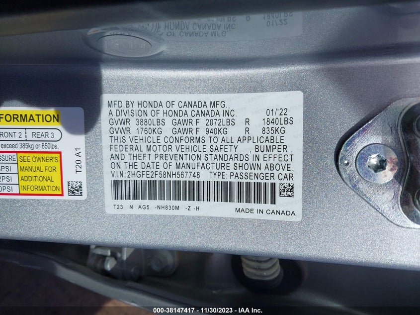 VIN 2HGFE2F58NH567748 2022 HONDA CIVIC SPORT