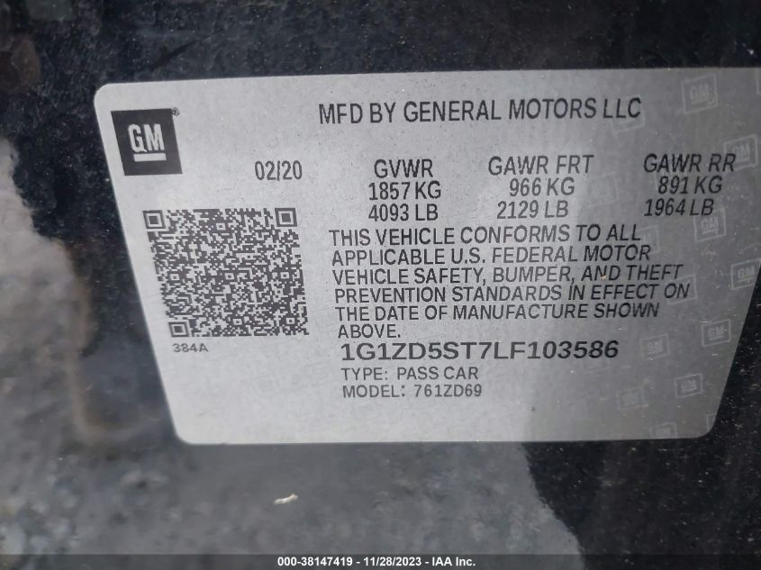 2020 CHEVROLET MALIBU FWD LT - 1G1ZD5ST7LF103586