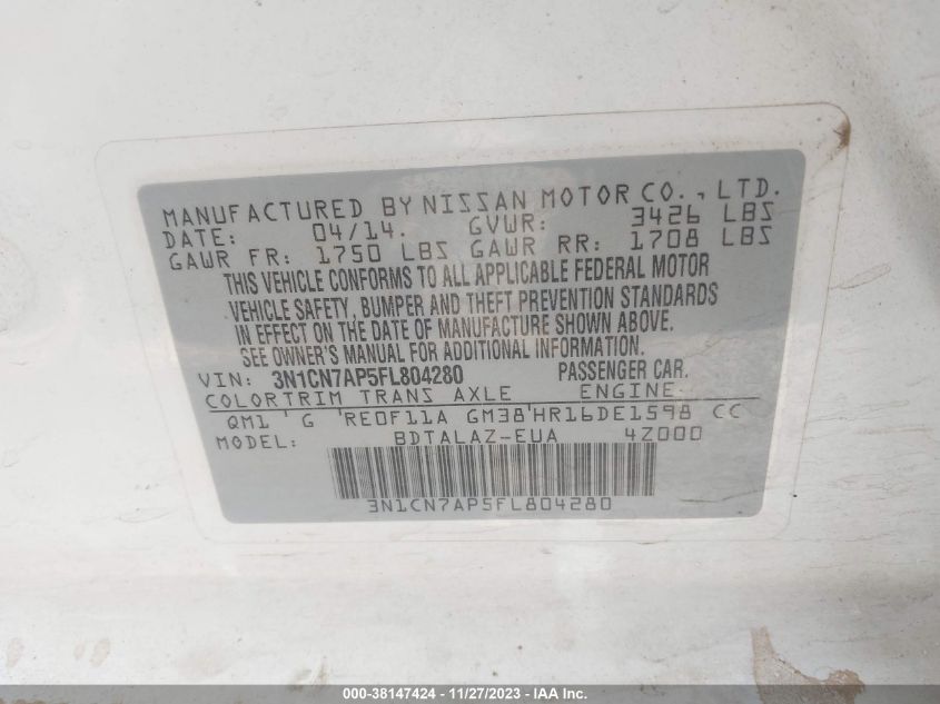 2015 NISSAN VERSA S PLUS - 3N1CN7AP5FL804280