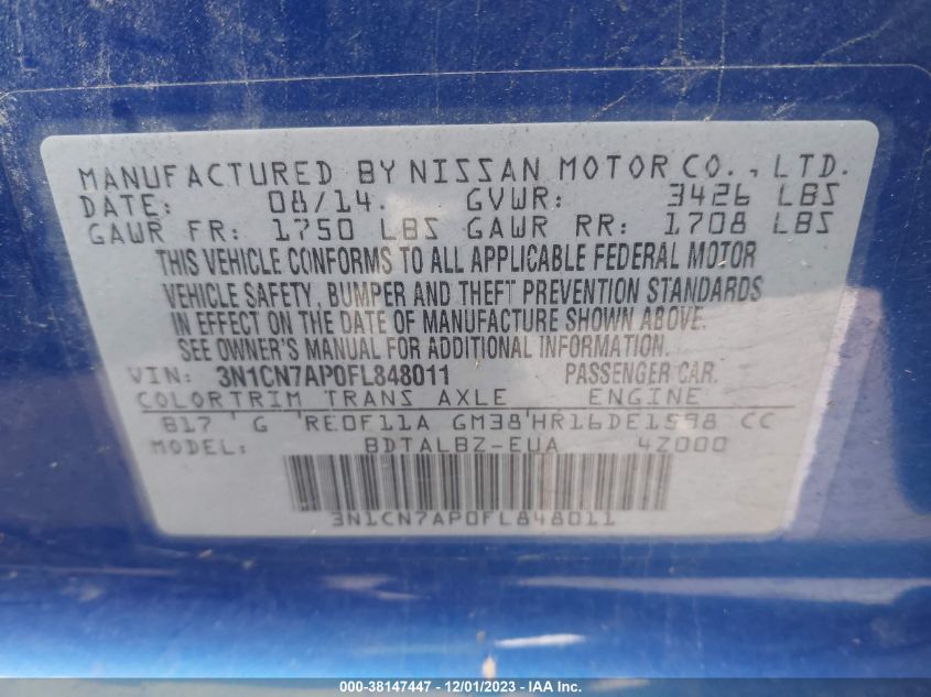 2015 NISSAN VERSA 1.6 SV - 3N1CN7AP0FL848011