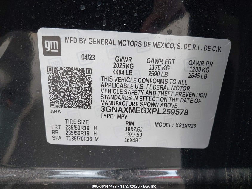 VIN 3GNAXMEGXPL259578 2023 CHEVROLET EQUINOX RS