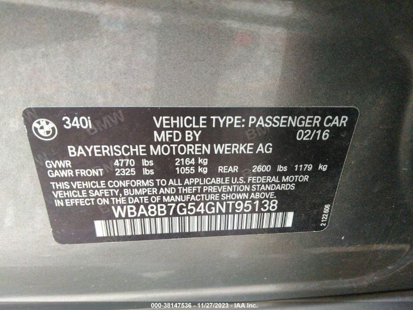 2016 BMW 340I XDRIVE WBA8B7G54GNT95138