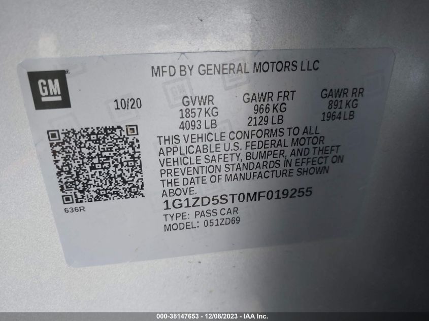 2021 CHEVROLET MALIBU FWD LT - 1G1ZD5ST0MF019255