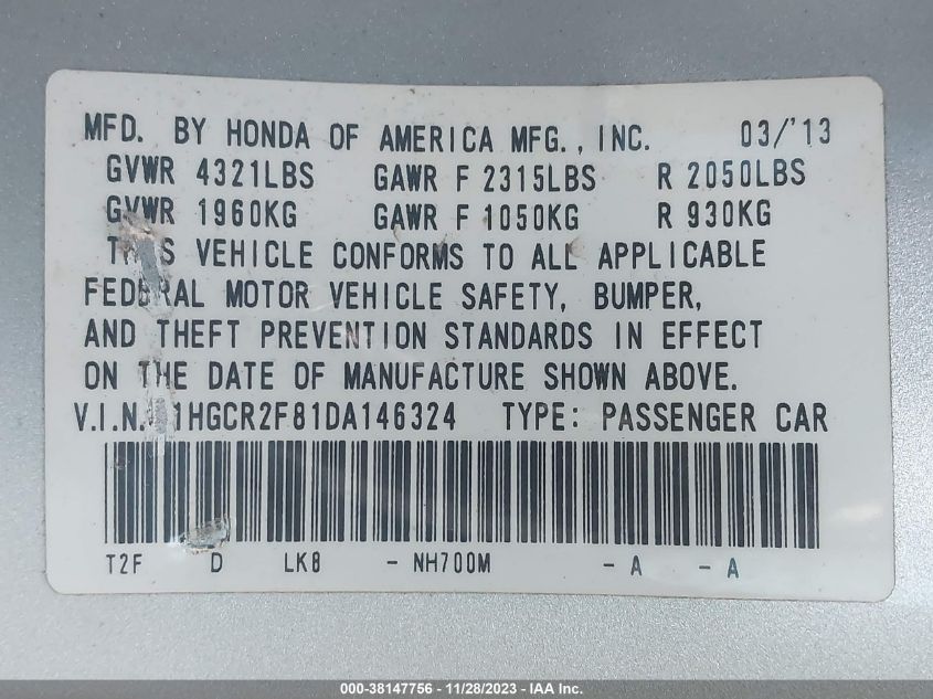 2013 HONDA ACCORD EXL - 1HGCR2F81DA146324