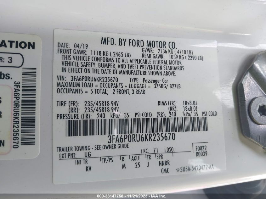 2019 FORD FUSION HYBRID TITANIUM - 3FA6P0RU6KR235670