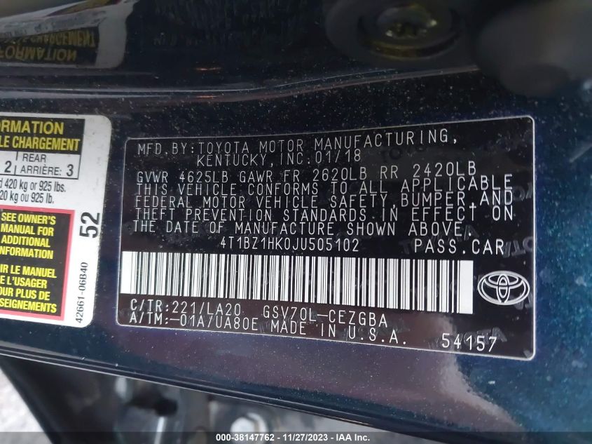 2018 TOYOTA CAMRY XLE V6 - 4T1BZ1HK0JU505102