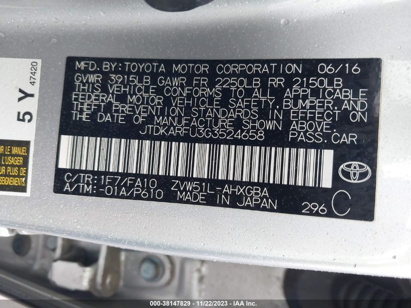 2016 TOYOTA PRIUS - JTDKARSU3G3524658