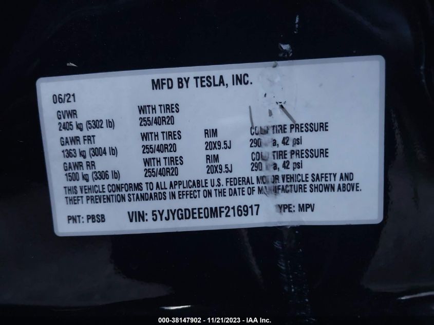 2021 TESLA MODEL Y LONG RANGE DUAL MOTOR - 5YJYGDEE0MF216917