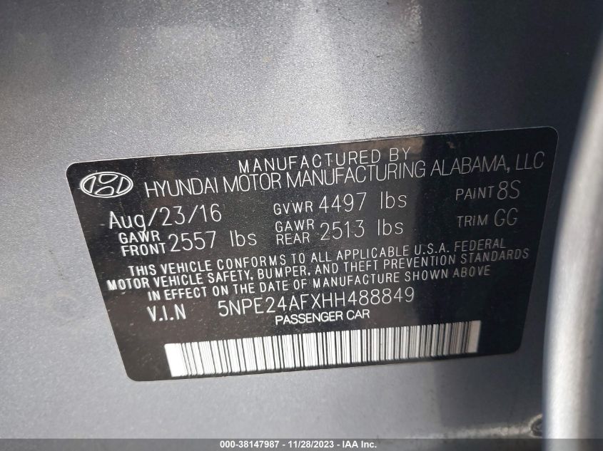 2017 HYUNDAI SONATA 2.4L - 5NPE24AFXHH488849