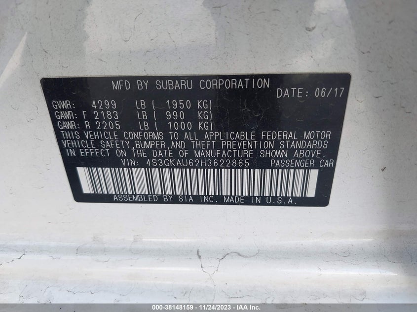VIN 4S3GKAU62H3622865 2017 SUBARU IMPREZA LIMITED