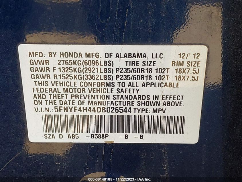 2013 HONDA PILOT EX - 5FNYF4H44DB026544